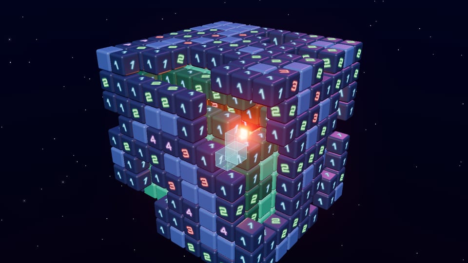 CORE mode on a desktop: a pit dug through several colour-coded layers with the core glowing orange at the bottom