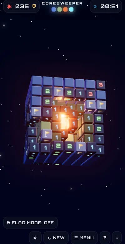 CORE mode: a pit dug into the cube with the orange core glowing at the bottom